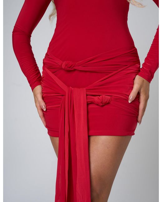 Public Desire Slinky Knot Front Detail Long Sleeve Mini Dress Red