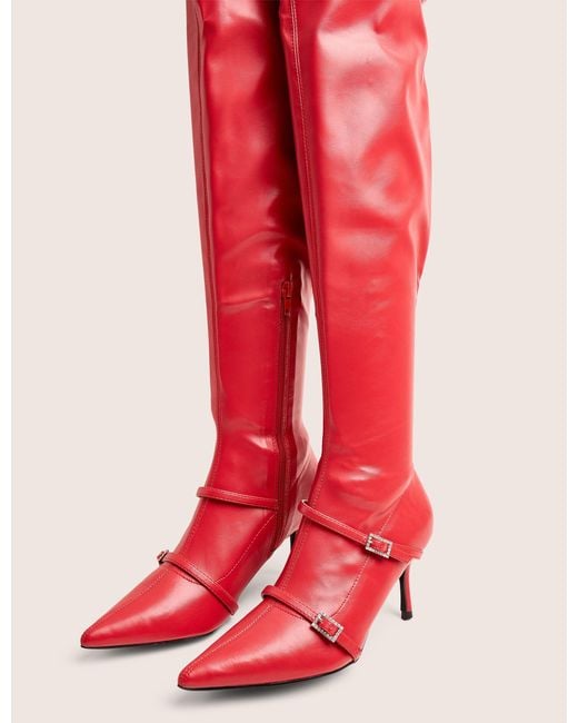 Public Desire Roulette Red Pointed Toe Diamante Buckle Mid Heel Over The Knee Sock Boots