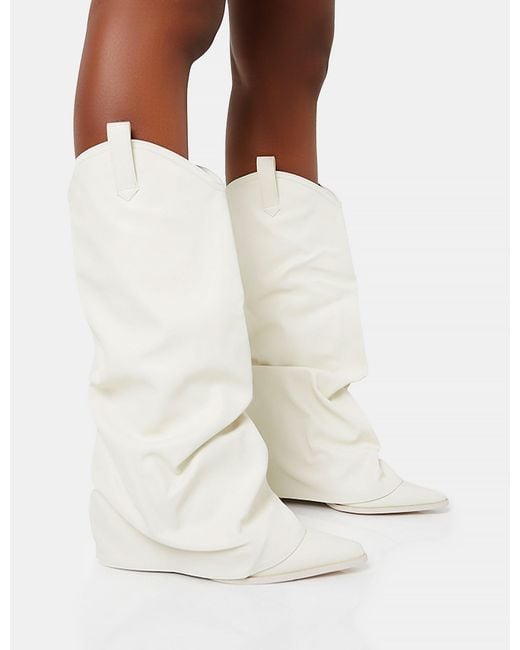 Public Desire Sheriff White Pu Western Inspired Fold Over Pointed Toe Block Heeled Cowboy Knee High Boots