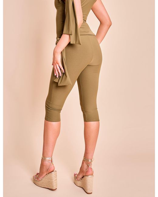 Public Desire Multicolor Knot Detail Tie Side Luxe Slinky Capri Pants Khaki