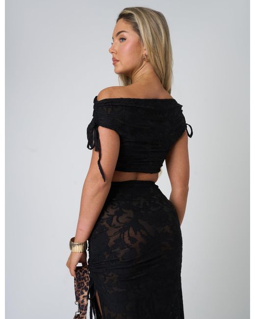 Public Desire Tie Detail Textured Floral Bardot Top Black