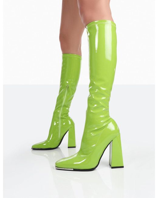 Public Desire Caryn Lime Patent Knee High Block Heeled Boots in Green | Lyst