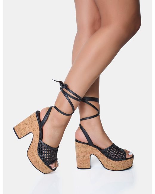 Public Desire Jos Black Wide Fit Netted Lace Up Cork Platform Sandals