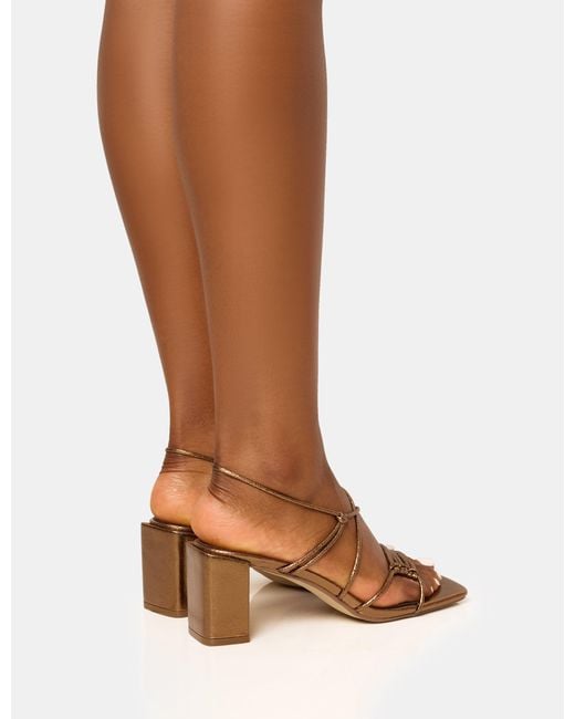 Public Desire Brown Taryn Wide Fit Bronze Knotted Upper Block Mid Heel Sandals
