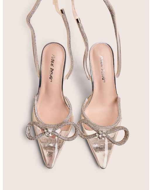 Public Desire Brown Midnight Clear Perspex Wide Fit Wrap Around Sparkly Diamante Bow Pointed Toe High Heel