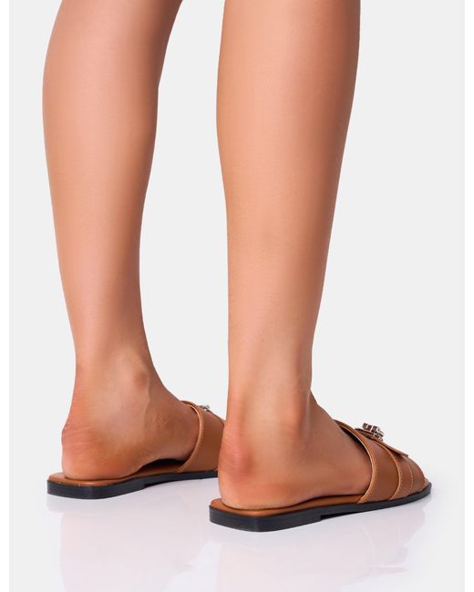 Public Desire Radiance Wide Fit Brown Buckle Trim Flat Sandals
