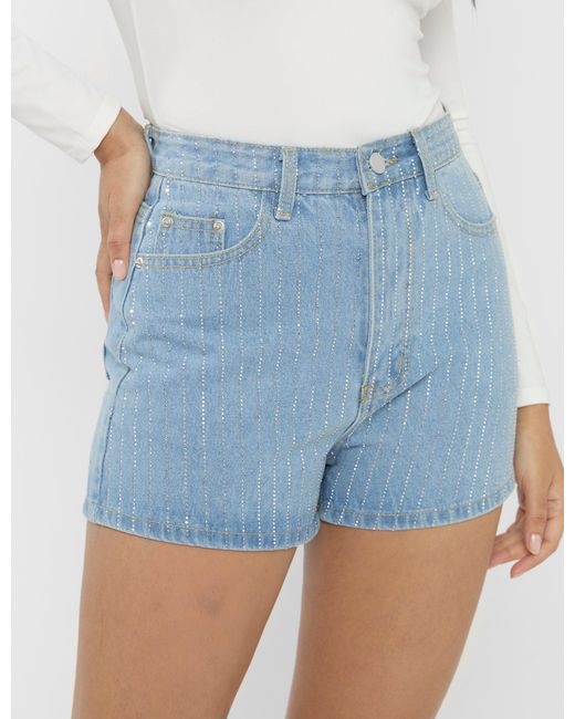 Public Desire High Waist Diamante Embellished Shorts Light Blue