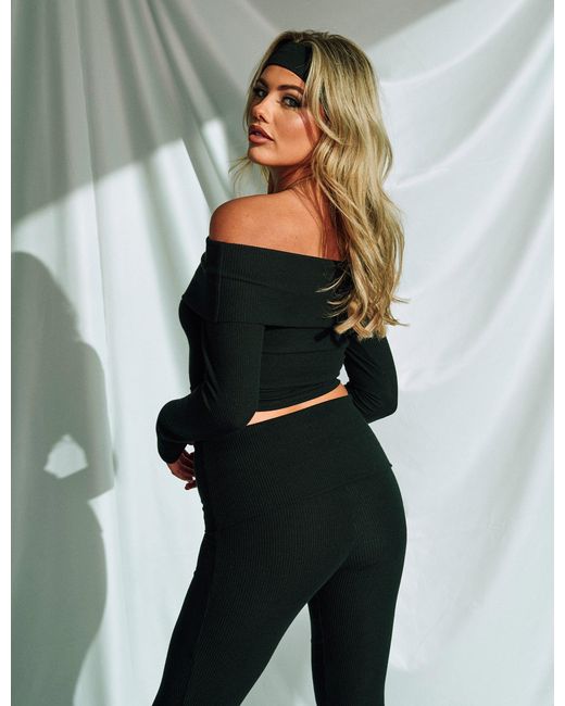 Public Desire Multicolor Chunky Rib Foldover Long Sleeve Top Black