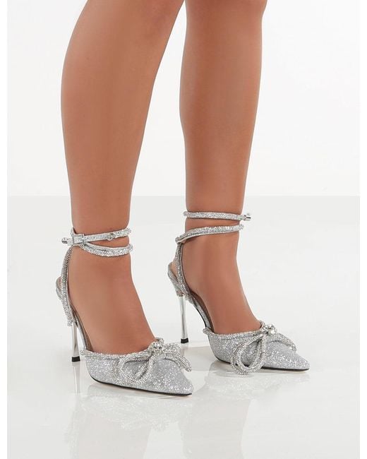 Public Desire Metallic Midnight Silver Glitter Wrap Around Diamante Bow High Heels