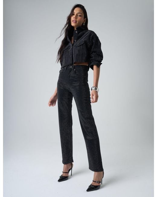 Public Desire Multicolor Diamante Straight Fit High Rise Denim Jeans Black