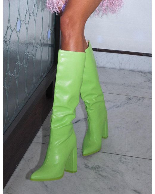 Public Desire Synthetic Far Away Lime Grain Pu Square Toe Knee High Boots in Green - Lyst