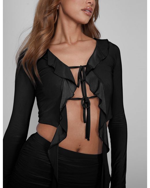 Public Desire Frill Detail Tie Front Cardigan Top Black