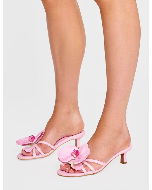 Public Desire Nikah Pink Pu 3-d Floral Mule Mid Heels Pink