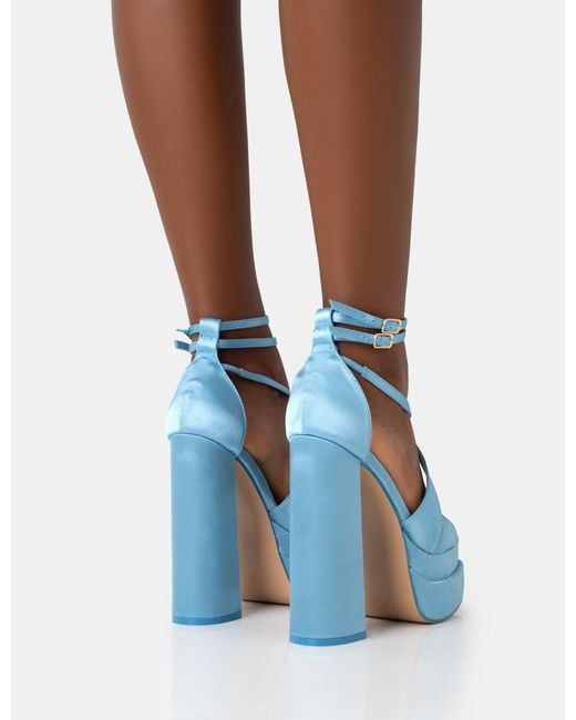 Public Desire Breanna Wide Fit Baby Blue Satin Strappy Ankle Extreme Double Platform Block Heels