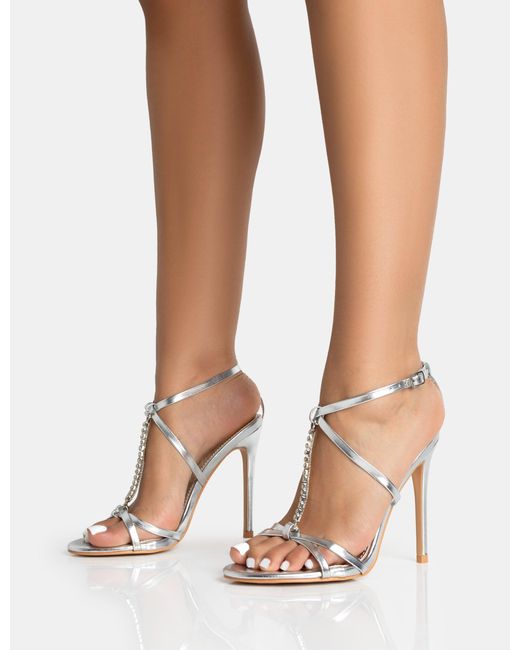 Public Desire Multicolor Beau Silver Pu Diamante Strappy Round Toe Stilettos Heels