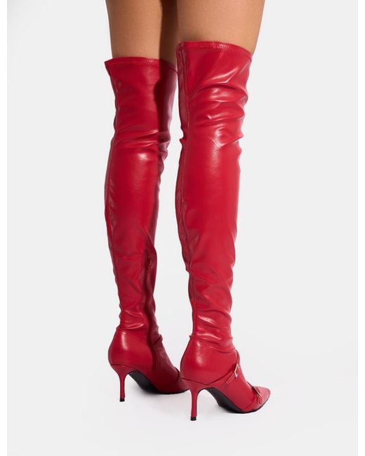 Public Desire Roulette Red Pointed Toe Diamante Buckle Mid Heel Over The Knee Sock Boots