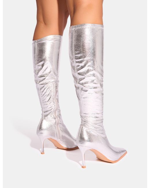 Public Desire White Scorpion Cracked Silver Mid Heel Sock Knee High Boots