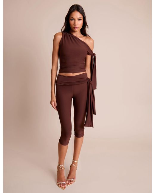 Public Desire Red Knot Detail Tie Side Luxe Slinky Capri Pants Chocolate
