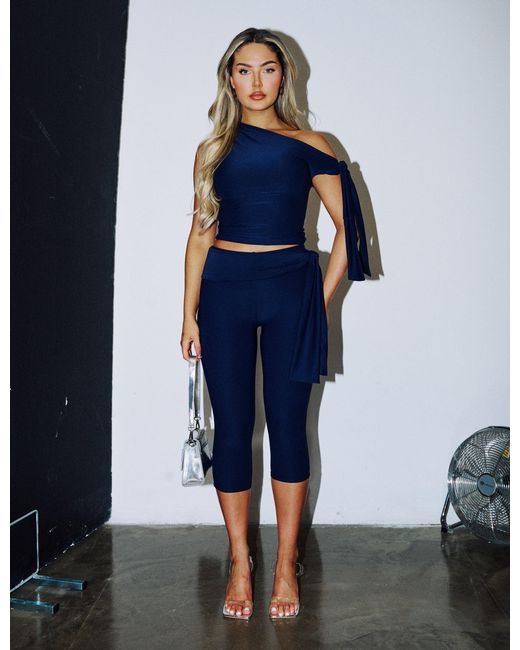 Public Desire Blue Knot Detail Asymmetric One Shoulder Luxe Slinky Top Navy