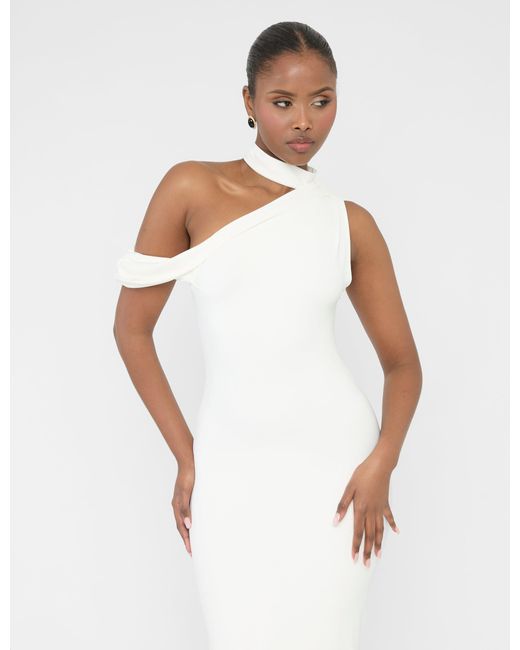 Public Desire Asymmetric One Shoulder Choker Detail Luxe Slinky Midi Dress White