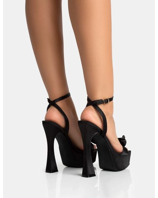 Public Desire Dreamer Wide Fit Black Satin Extreme Bow Ankle Strap Platform Square Toe Flared Stiletto Heels