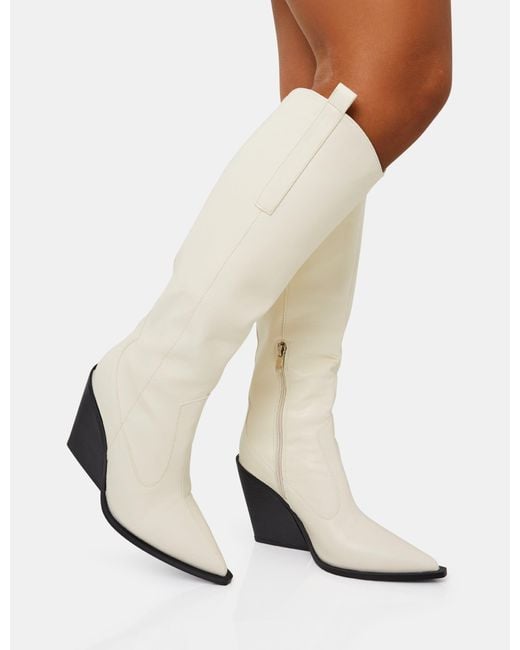 Public Desire White Nevada Ecru Western Cowboy Pointed Toe Block Heel Knee High Boots