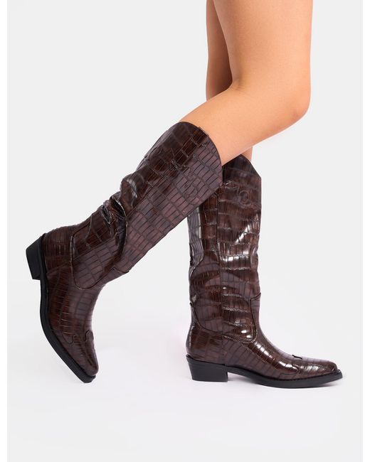 Public Desire Multicolor Apollo Brown Croc Flat Western Knee High Boots