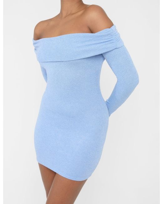 Public Desire Long Sleeve Off The Shoulder Bardot Mini Dress Blue