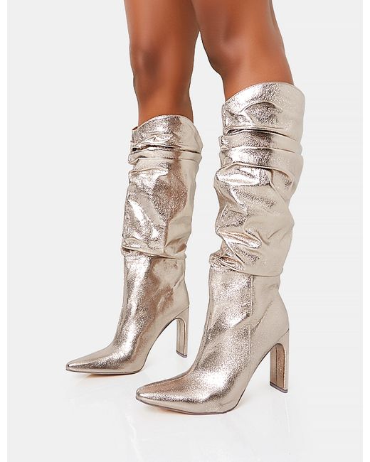 Public Desire White Manhattan Dark Metallic Silver Pointed Toe Knee High Narrow Block Heel Boots
