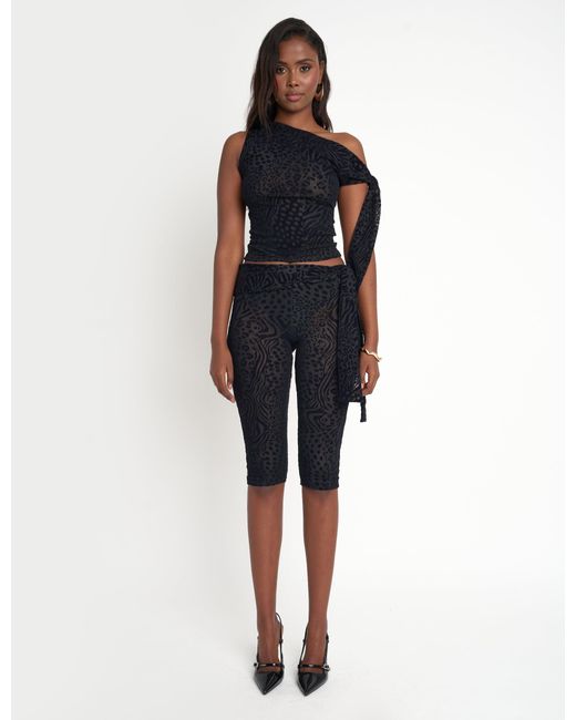 Public Desire Blue Knot Detail Tie Side Leopard Devore Capri Pants Black