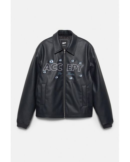 Pull&Bear Black Faux Leather Flower Jacket for men