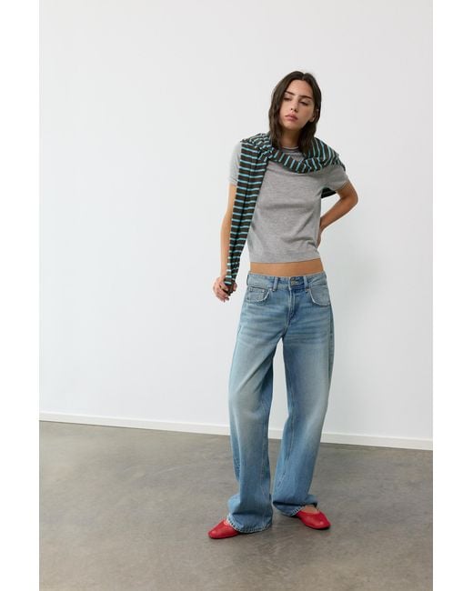 Pull&Bear Blue Fitted Short Sleeve Jumper