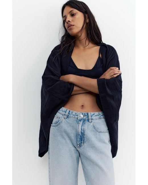 Pull&Bear Blue Straight-Leg Baggy Jeans With Rhinestones