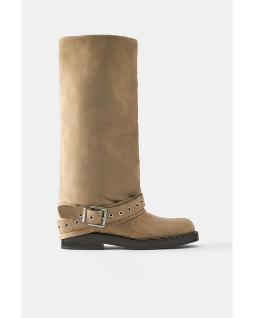 Pull&Bear White Flat Footed Leggings Boots With Buckle