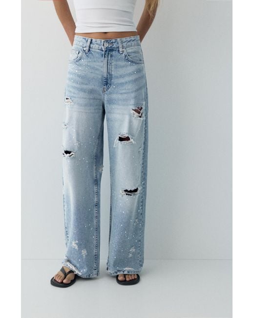 Pull&Bear Blue Ripped Baggy Jeans With Rhinestones