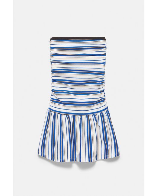 Pull&Bear Korte Gestreepte Balloon Jurk in het Blue