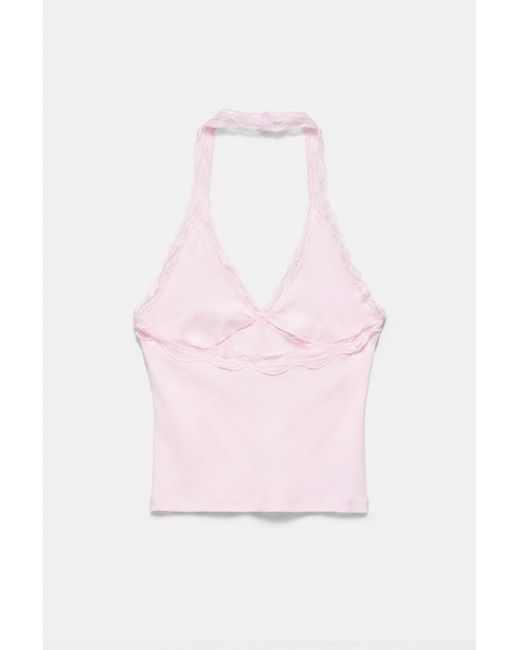 Pull&Bear White Lace-Trimmed Halter Top