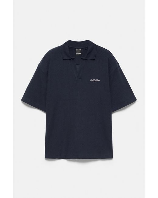 Pull&Bear Black Short Sleeve Waffle-Knit Polo Shirt for men