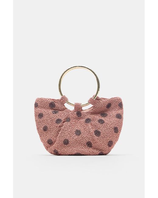 Pull&Bear Pink Polka Dot Beaded Handbag With Metal Handle