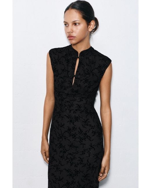 Pull&Bear Black Stand Collar Midi Dress With Frog Fastenings