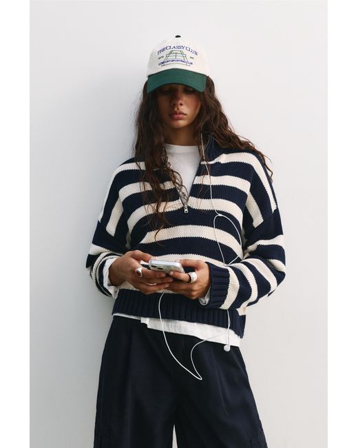 Pull&Bear Blue Striped Quarter-Zip Sweater