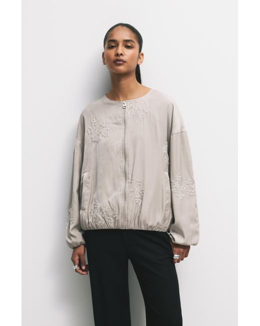 Pull&Bear Natural Bomber Jacket With Floral Embroidery