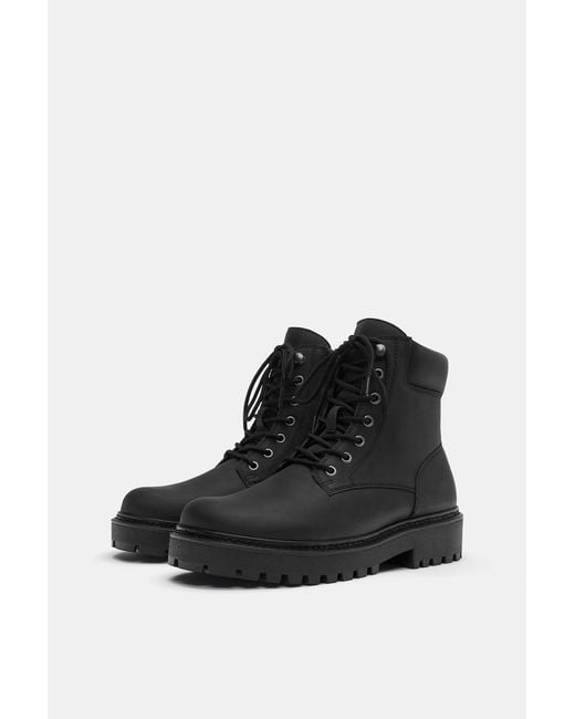 Pull&Bear Black Stwd Lace-Up Boots for men