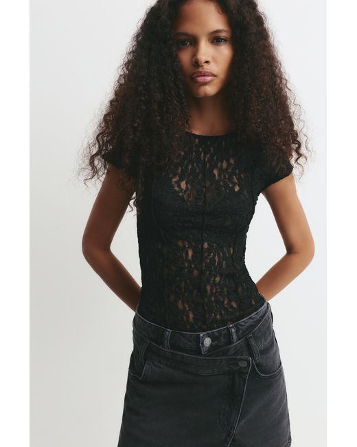 Pull&Bear Black Lace Top With Seams