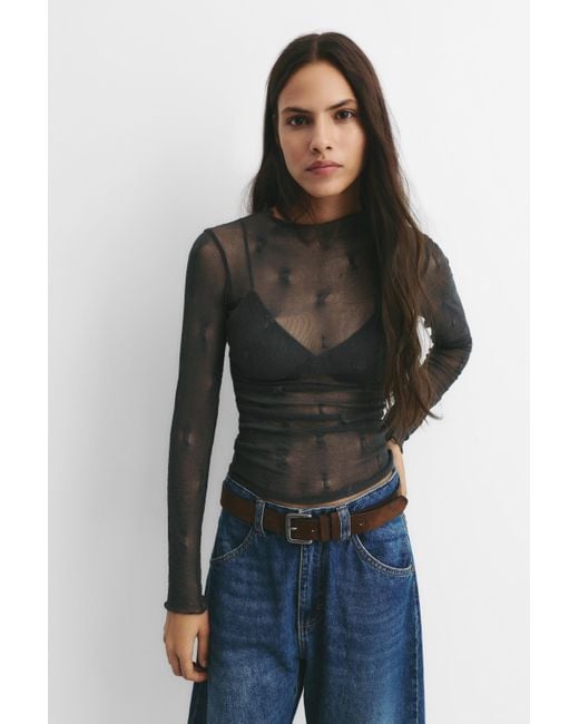 Pull&Bear Black Sheer Long Sleeve Top
