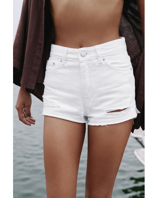 Pull&Bear White Mom Fit Ripped Denim Shorts