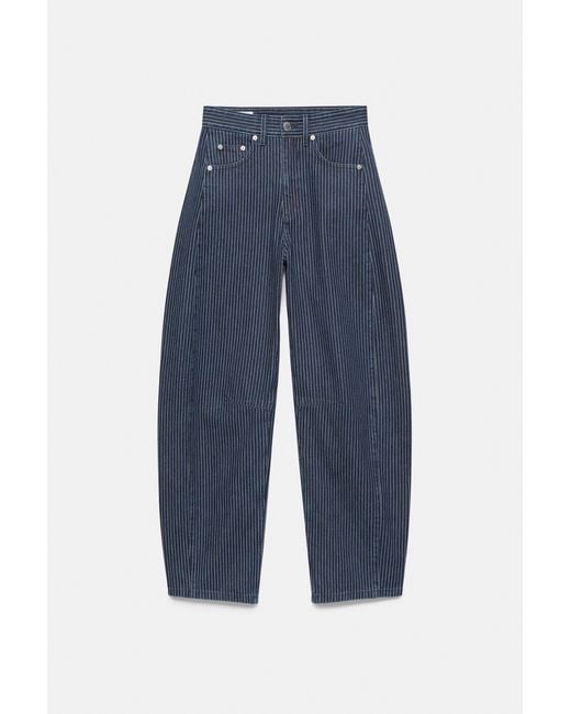 Pull&Bear Blue Striped Balloon Jeans With Seams