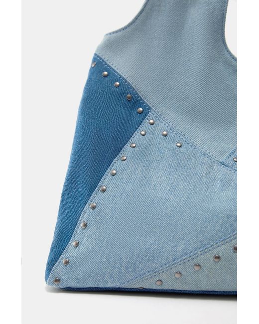 Pull&Bear Blue Denim Patchwork Tote Bag