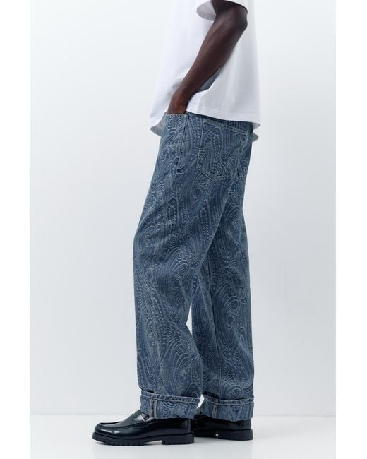 Pull&Bear Blue Straight Jacquard Paisley Jeans for men