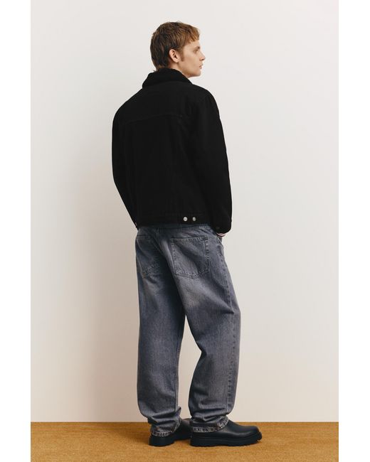 Pull&Bear Black Denim Jacket With Faux Shearling Collar for men